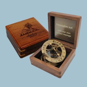 Engravable Small Brass Sundial Compass with Hardwood Case