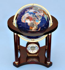 Engravable Large Gemstone Globe and Quartz Clock on Mahogany Stand