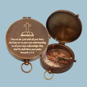Antique Large Brass Pocket Compass Engraved (Proverbs 3:5-6)