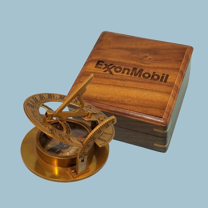 Engravable Small Brass Sundial Compass with Hardwood Case
