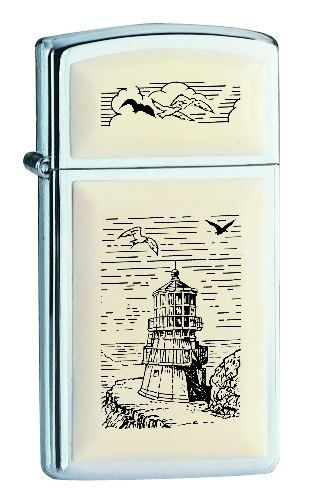 Zippo Slim Scrimshaw Lighthouse Polished Chrome #1671 Lighter
