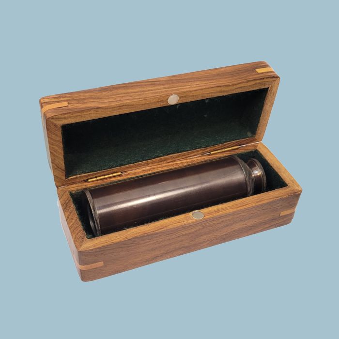 Engravable 14-inch Antique Brass Spyglass Telescope with Wood Box