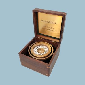 Engravable Antique Nautical Brass Gimbaled Compass in Wooden Box