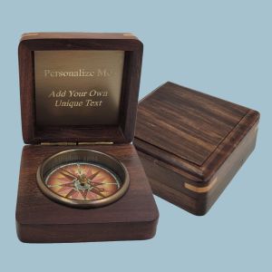 Engravable Antique Nautical Desk Compass in a Wood Box