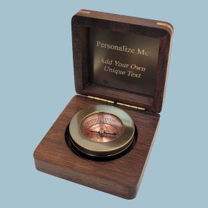 Engravable Small Brass Paperweight Compass with Hardwood Box