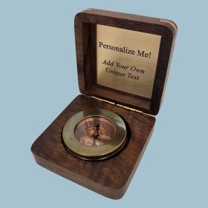 Engravable Small Brass Paperweight Compass with Hardwood Box