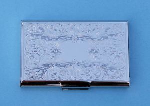 Engravable Embossed Scroll Silver Plated Card Case