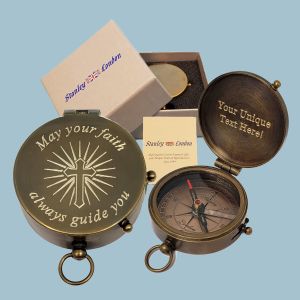 Antique Nautical Brass Pocket Compass Engraved (Faith Guide You)