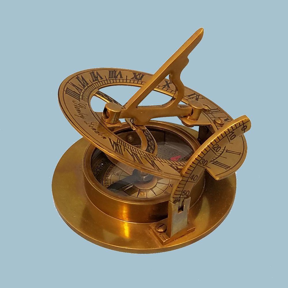 Engravable Small Brass Sundial Compass with Hardwood Case