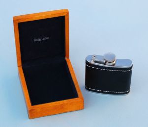Engravable Leather Wrapped 5 oz. Flask in Hardwood Case